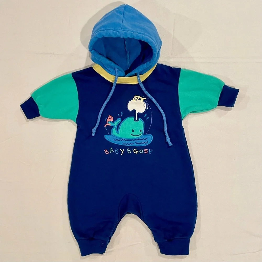 Vintage Baby BGosh Romper Boys 3-6M Whale Applique OshKosh Hooded Colorblocked